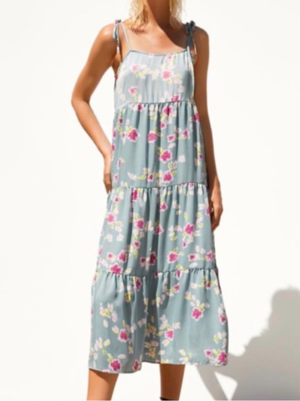 Zara Blue Floral Slip Dress with Pink Blooms